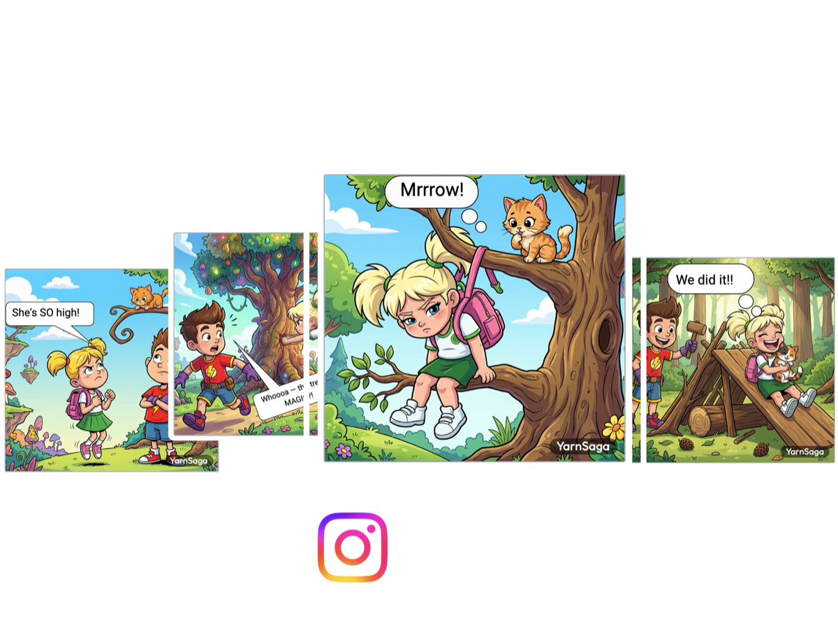 Comic strip exported as an Instagram carousel — phone preview with surrounding slides, made with YarnSaga